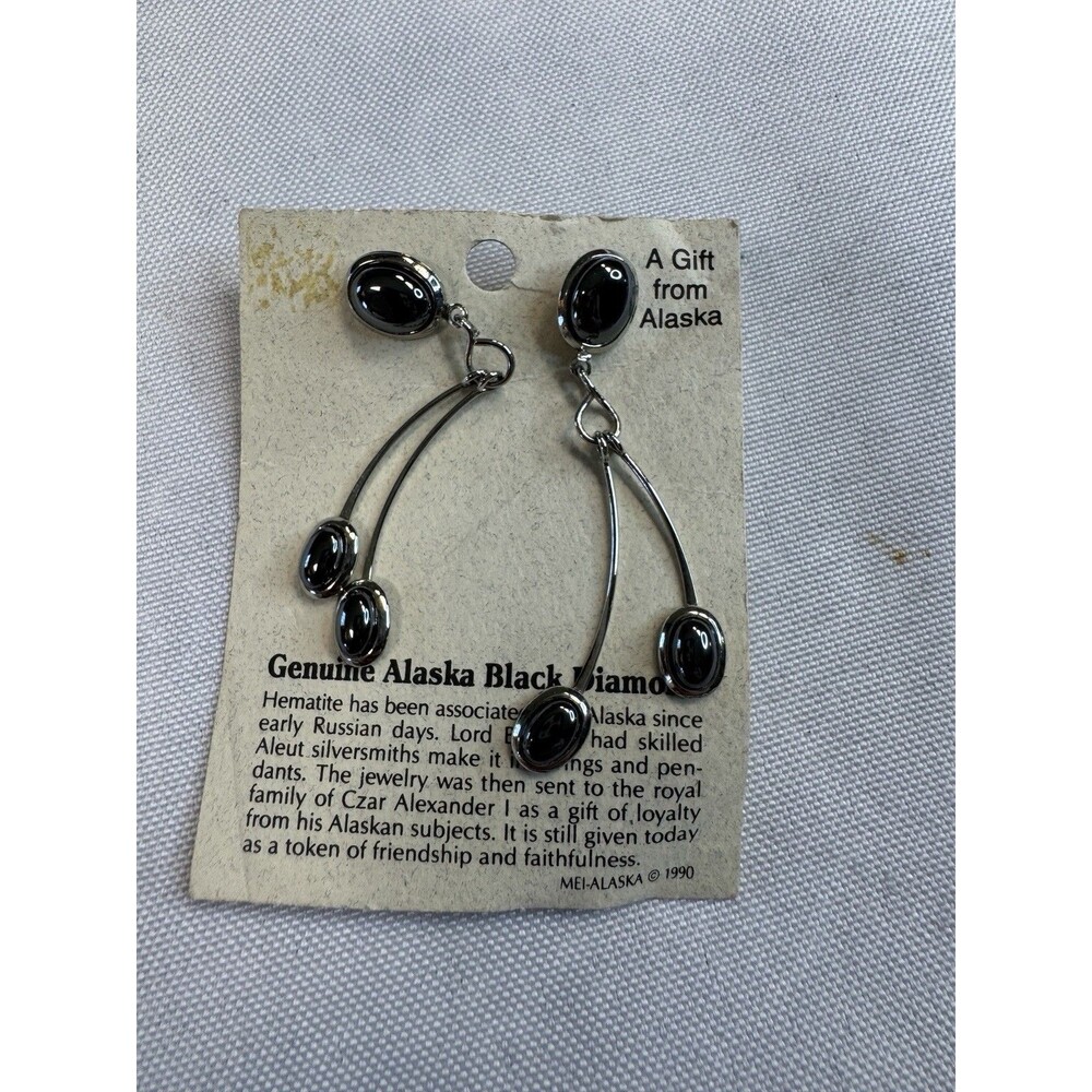 Vtg Alaska Black Diamond Natural Hematite Curved Drop Dangle Post Earrings 1990